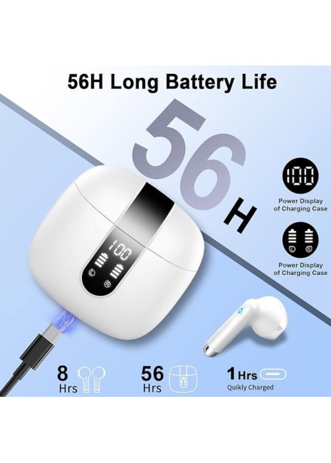 Bluetooth 5.3 Earbuds, 4-Mic ENC, 56H Playtime, White