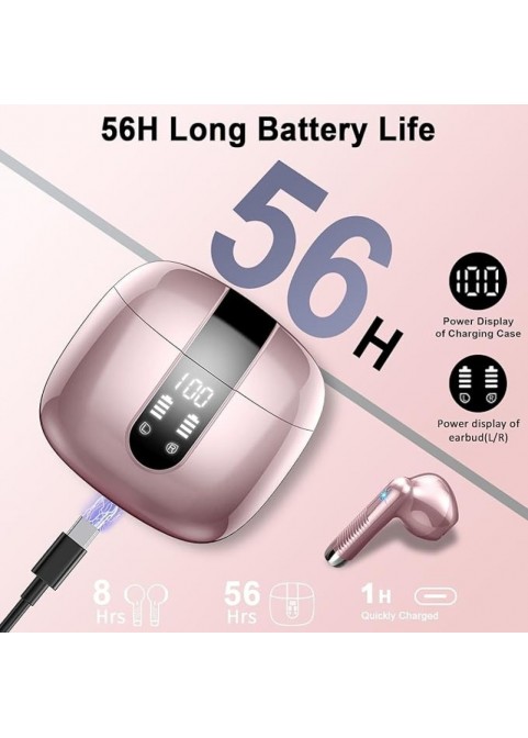 Bluetooth 5.3 Earbuds, 4-Mic ENC, 56H Playtime, Rose Gold